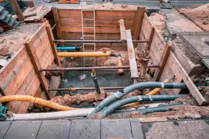 Excavation on a city street to replace plastic water pipes or laying cables