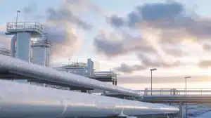 Industrial cryogenic plant with pipes, tanks, and frost-covered surfaces, emotion of technical expertise visible