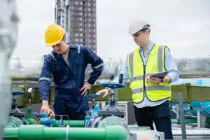 A team of engineers is checking the air conditioning cooling system of a major building or industrial facility.