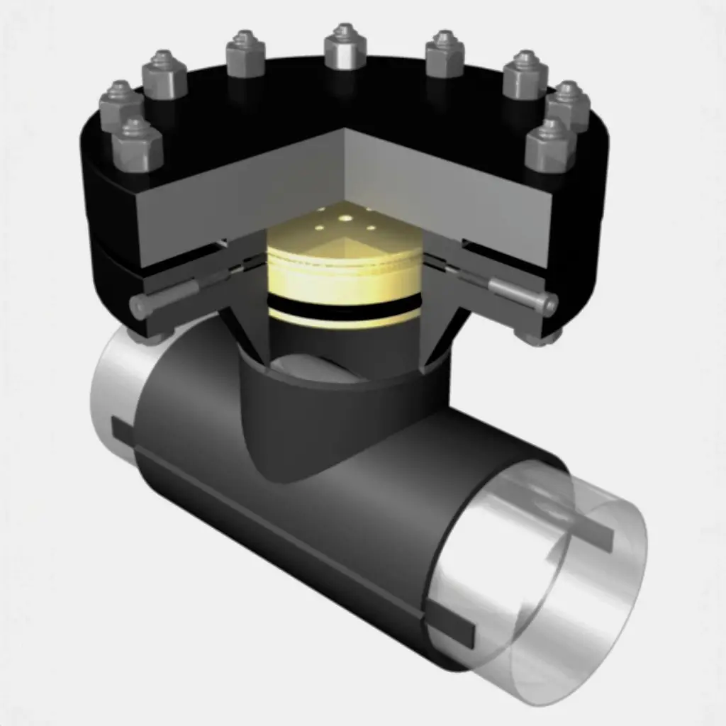 LockSure line stop fitting shown in detailed view, featuring a bolted flange, sealing components