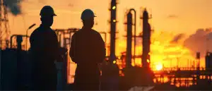 Two factory technicians in safety gear reviewing schematics and coordinating line stop procedures in an industrial workshop