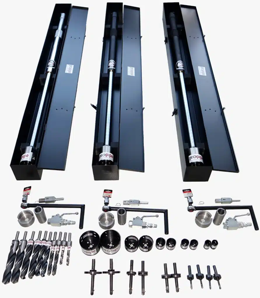 PTM-1000 Hot Tap Series kit. Show casing hot tap machine, case, cutters, holders, pilot drill, bleeder valve, and more.
