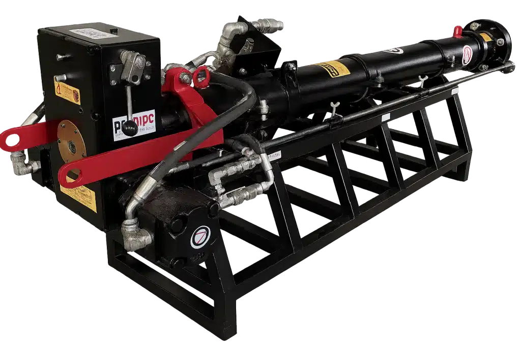 Hydraulic hot tapping machine model PTM-3066-Hyd mounted on a steel frame, featuring a cylindrical drilling assembly