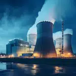 Equipment for Live Pipeline Intervention 3 Nuclear Power (Power Generation) plant at night with chimneys and cooling towers, industrial landscape
