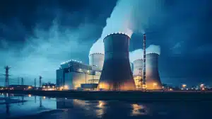 Nuclear Power (Power Generation) plant at night with chimneys and cooling towers, industrial landscape
