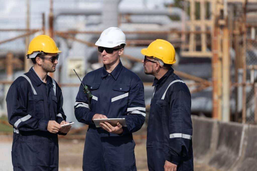 Project planning for pipeline integrity work: three workers in safety helmets at an industrial site