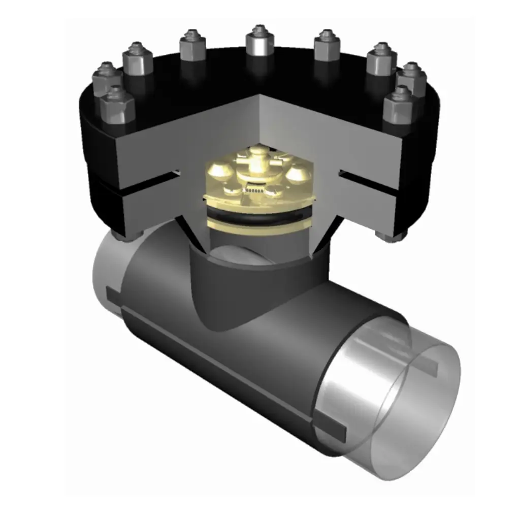 3D cutaway view of a SStop Line Stop fitting, showing internal sealing components, bolted flange