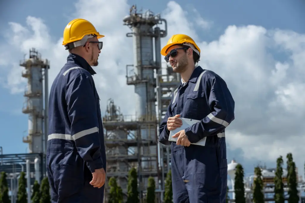 Contact Us: two industrial engineers discuss refinery operations at an oil plant