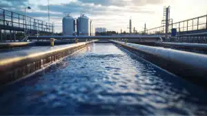 The wide-angle perspective reveals a large wastewater treatment facility with filtration pools and pipelines