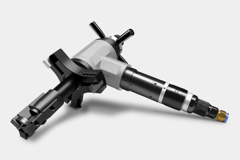 Beveling tool on white background, preparing pipeline edges for welding, sealing, and corrosion prevention.